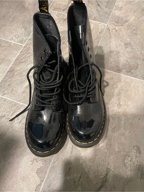 Dr. Martens Black Patent Lace-Up Boots with Yellow Stitching